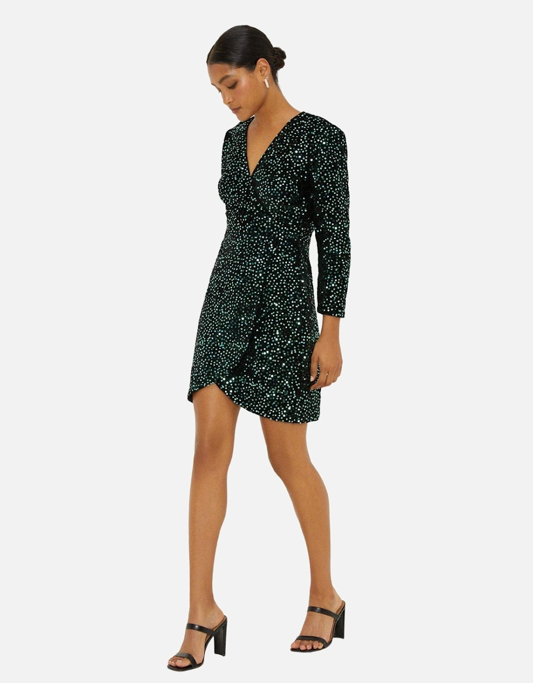 Womens/Ladies Sequin Velvet Wrap Long-Sleeved Mini Dress