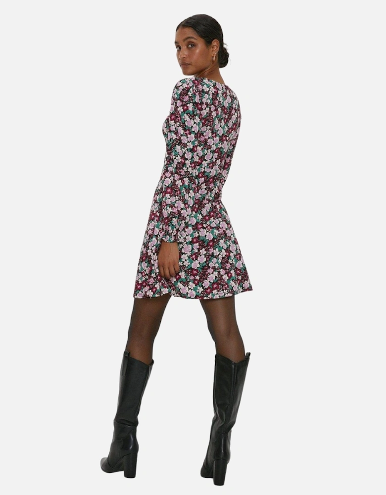 Womens/Ladies Floral V Neck Long-Sleeved Mini Dress