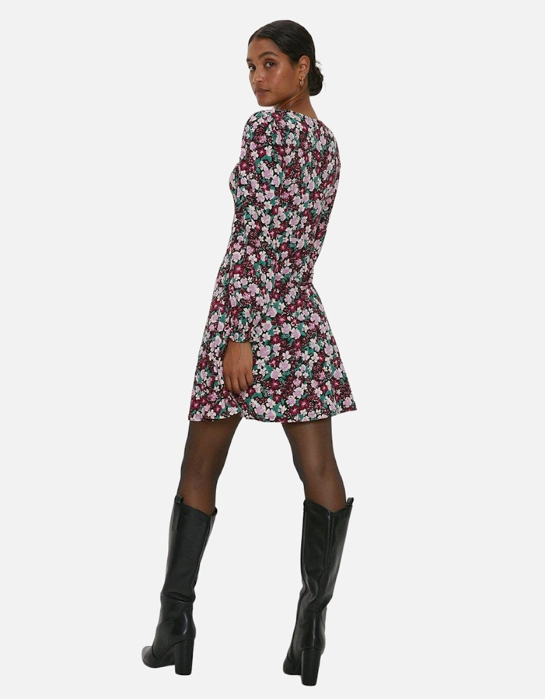 Womens/Ladies Floral V Neck Long-Sleeved Mini Dress