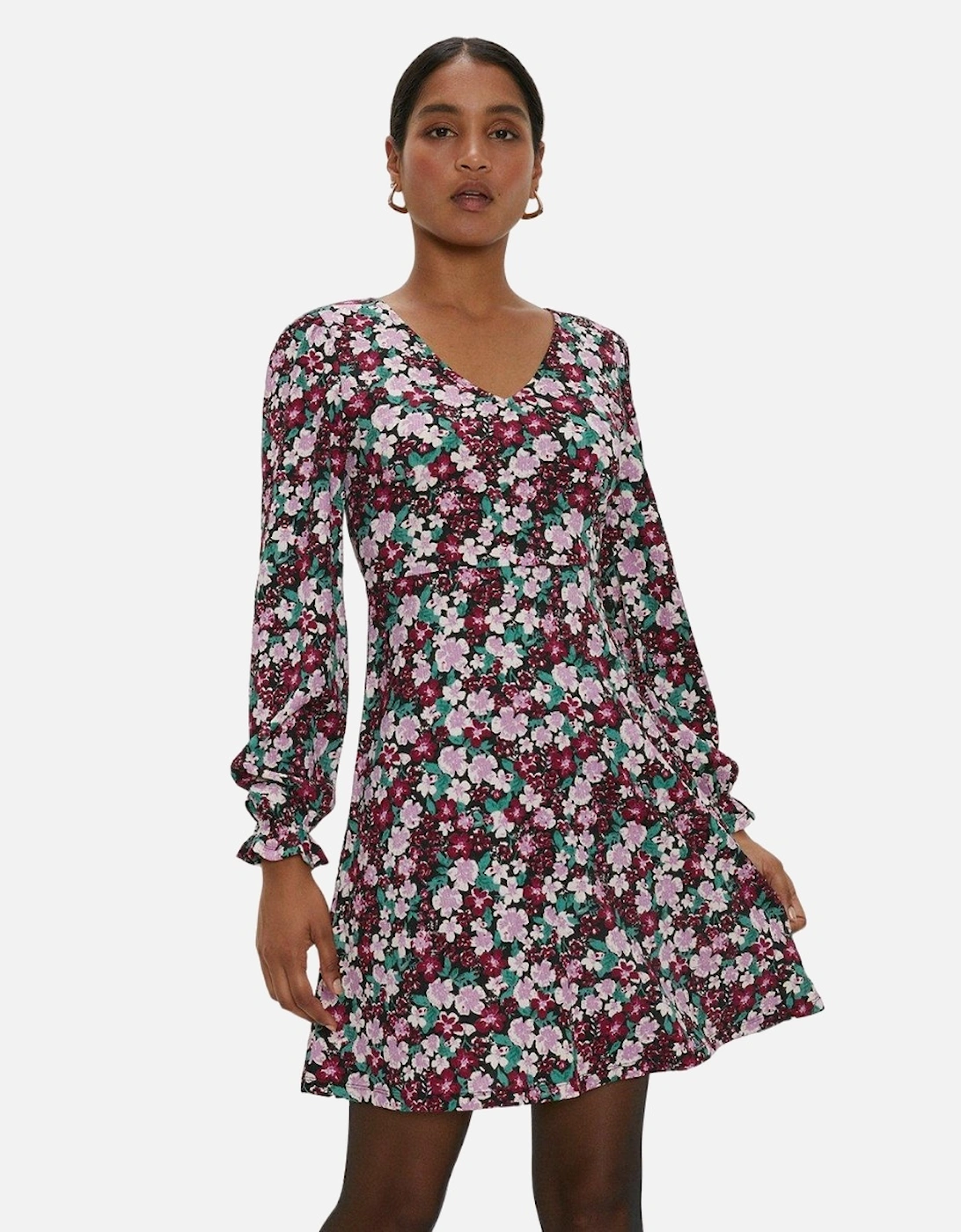 Womens/Ladies Floral V Neck Long-Sleeved Mini Dress, 5 of 4