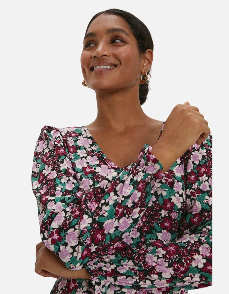 Womens/Ladies Floral V Neck Long-Sleeved Mini Dress