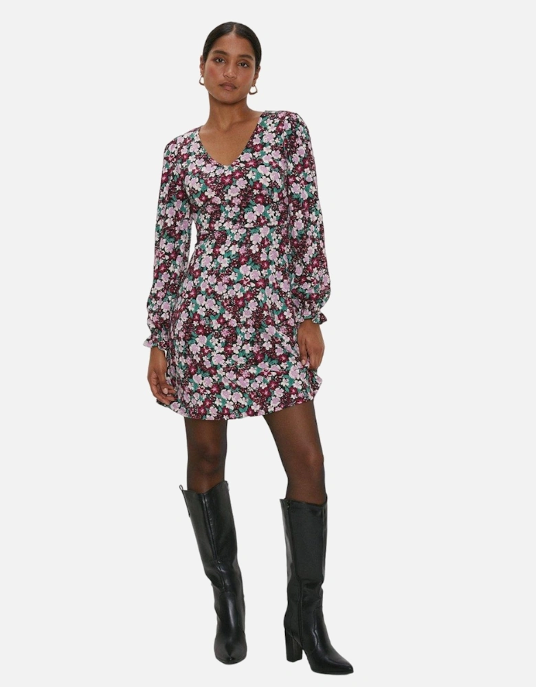 Womens/Ladies Floral V Neck Long-Sleeved Mini Dress