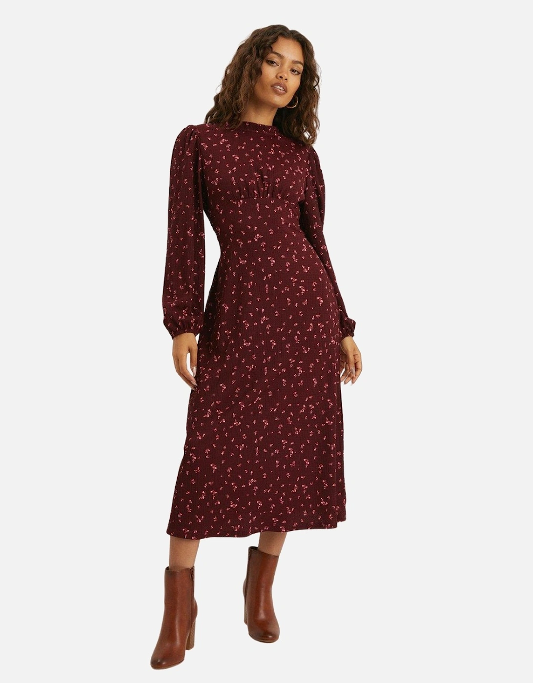 Womens/Ladies Ditsy Print Frill Neck Petite Midi Dress, 4 of 3