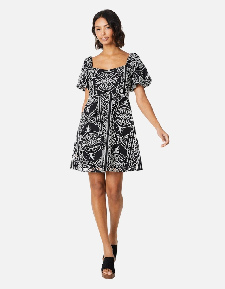 Womens/Ladies Cutwork Puff Sleeve Mini Dress