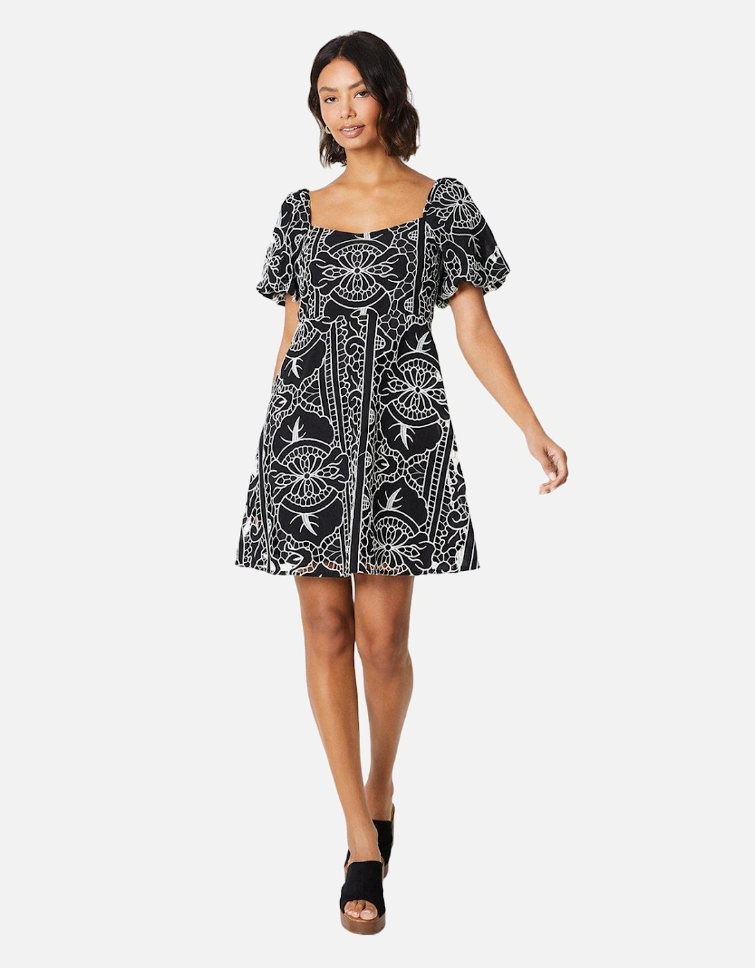 Womens/Ladies Cutwork Puff Sleeve Mini Dress