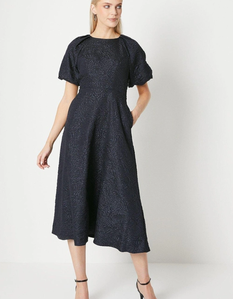 Womens/Ladies Jacquard Puff Sleeve Midi Dress