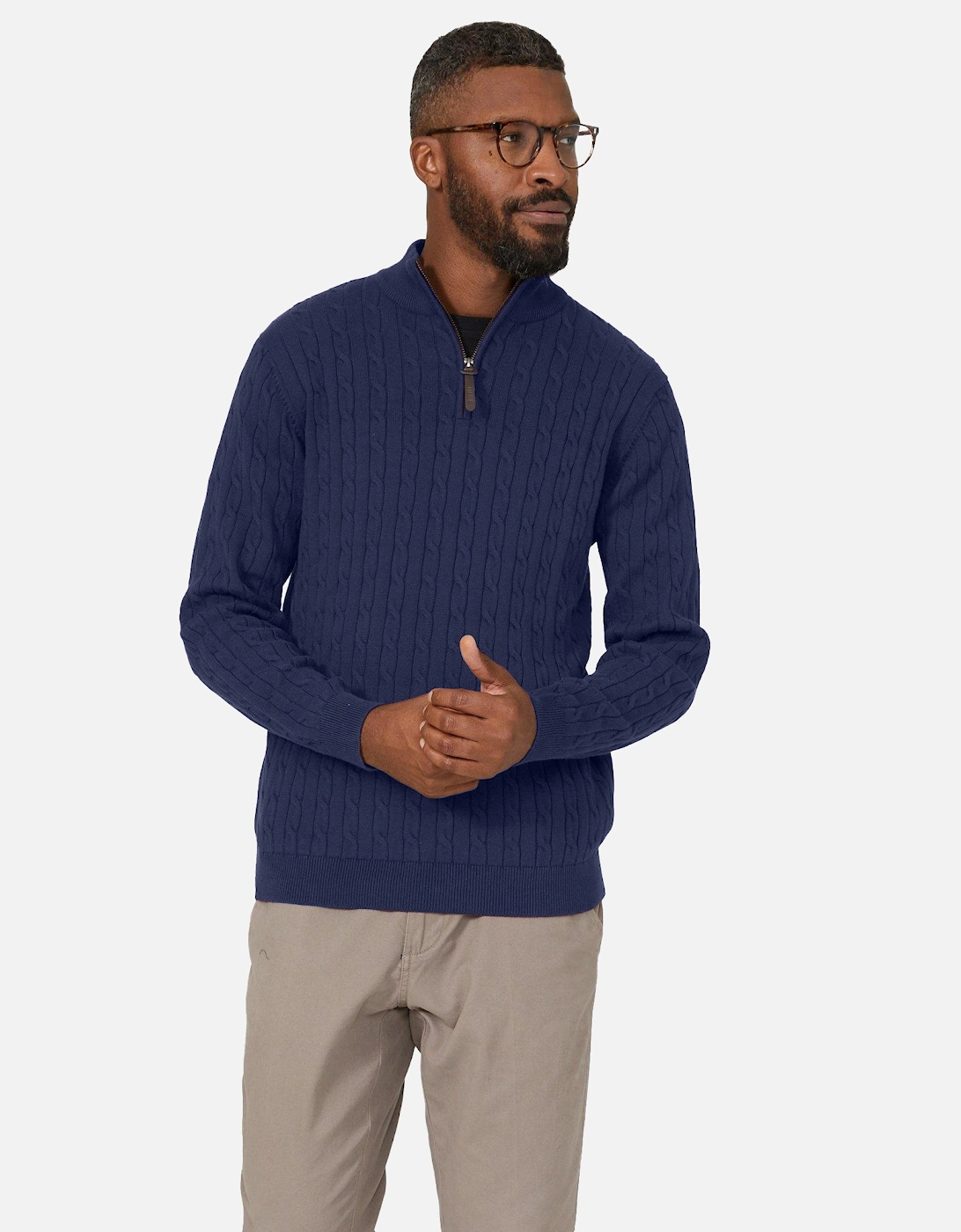 Mens Cable Cotton Half Zip Jumper, 2 of 1