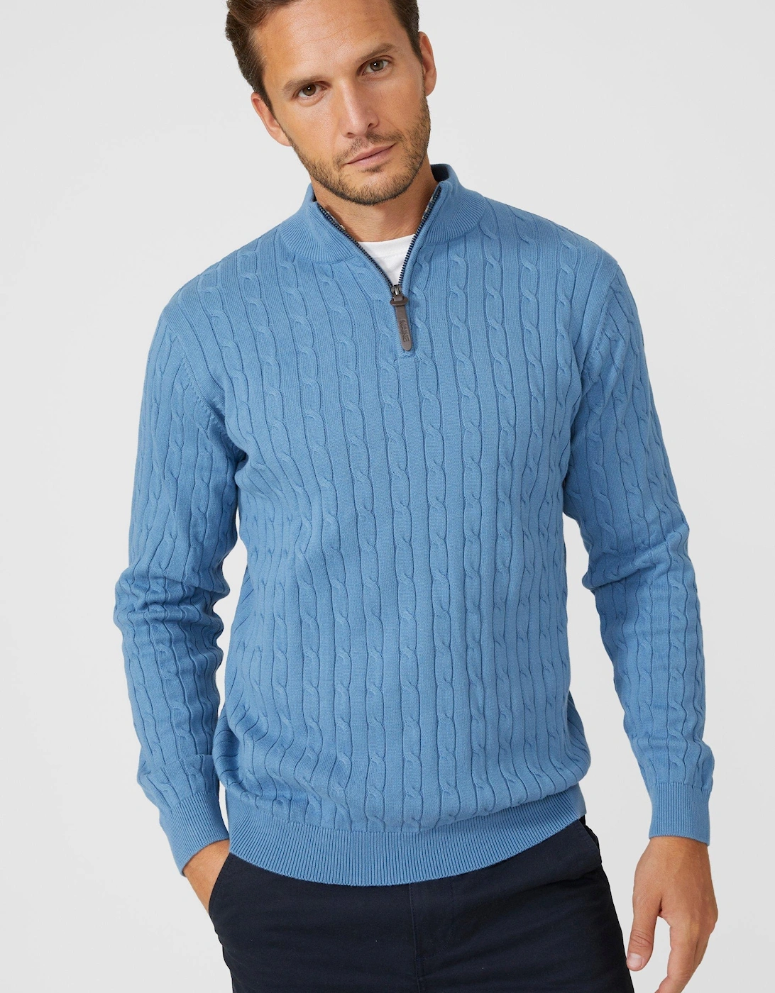 Mens Cable Cotton Half Zip Jumper, 2 of 1