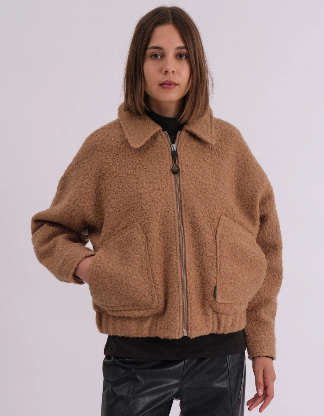 Oversized Boucle Bomber Jacket - Beige, 2 of 1