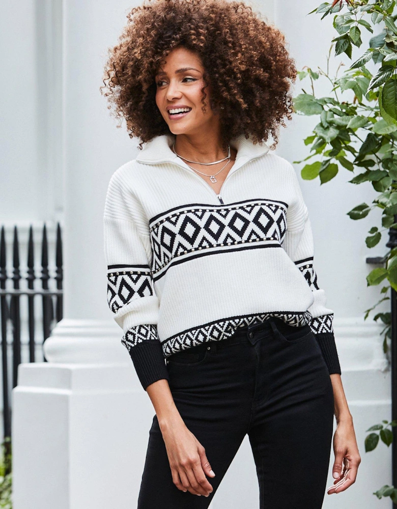 Zip Neck Aztec Stud Detail Jumper - White/Black