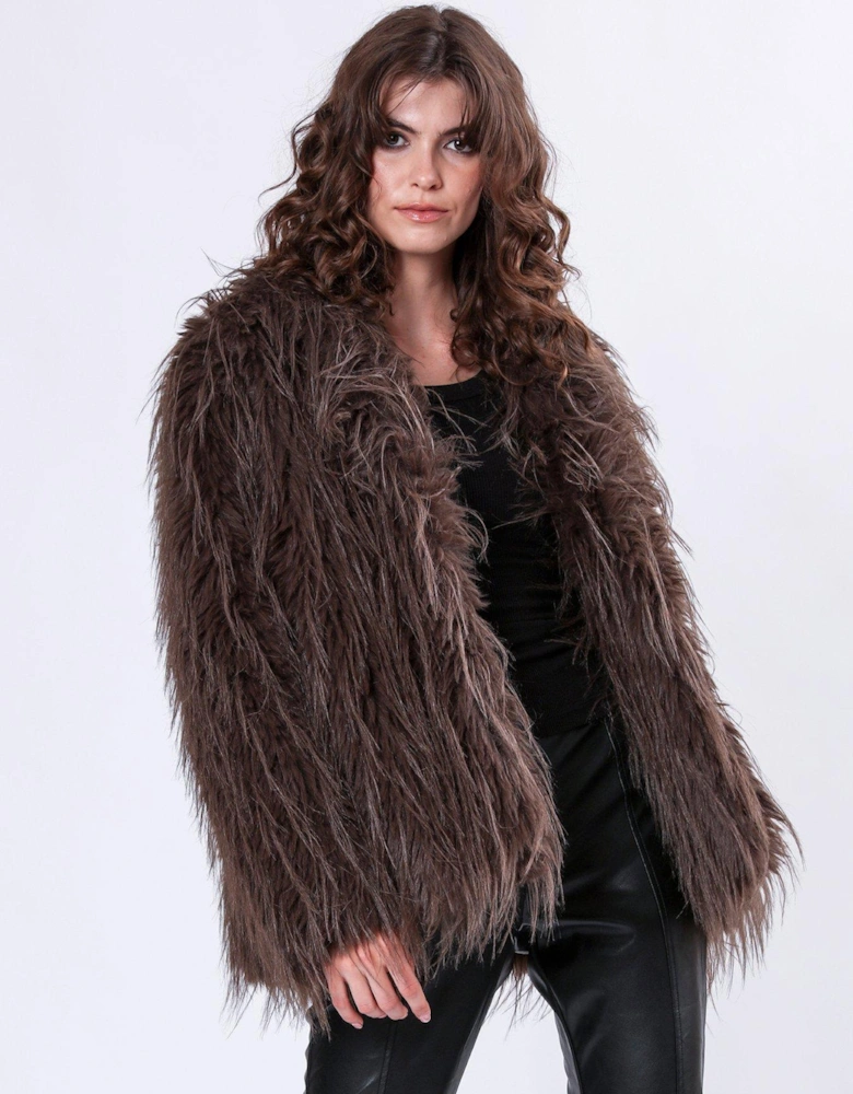 Short Faux Fur Coat - Brown