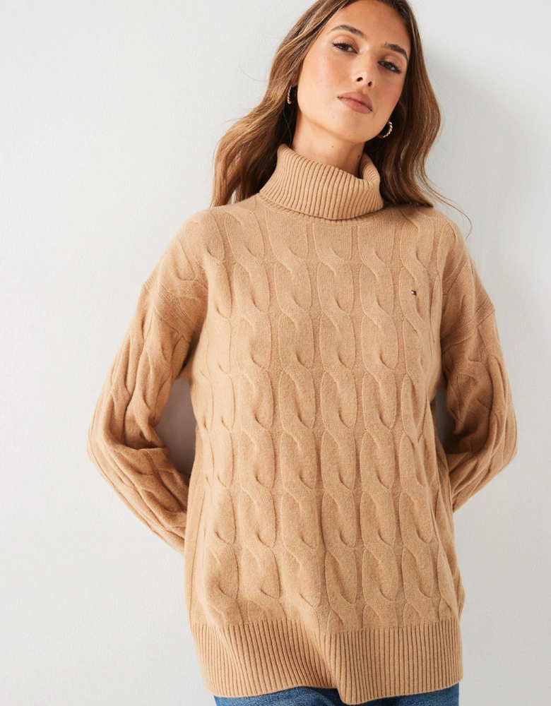 Soft Wool Cable Roll Neck Sweater - Beige