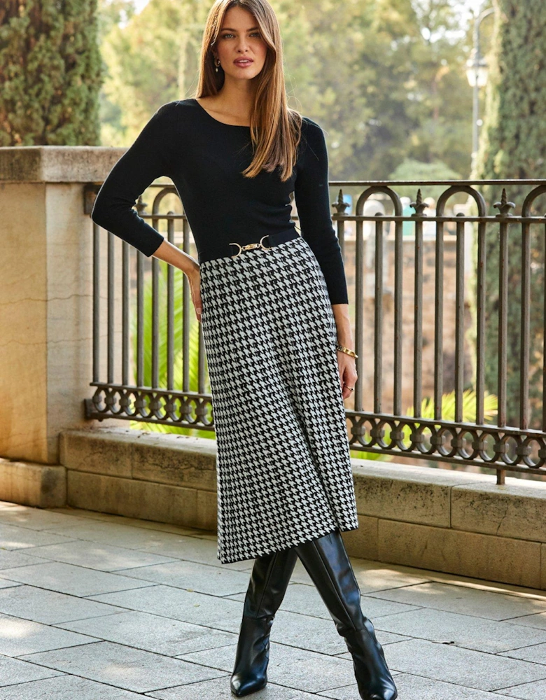 2-in-1 Dogtooth Midi Dress - Black
