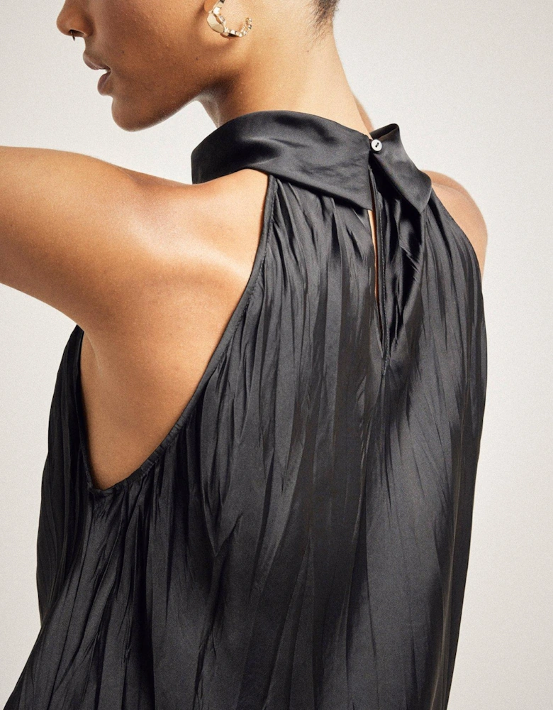 Halter Neck Crinkle Satin Top - Black