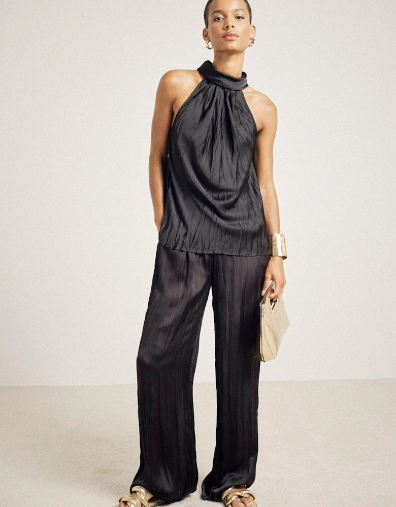 Halter Neck Crinkle Satin Top - Black