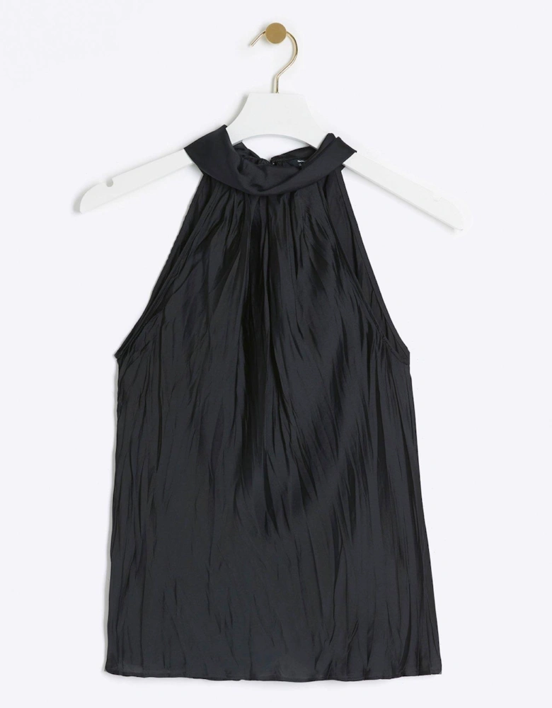 Halter Neck Crinkle Satin Top - Black