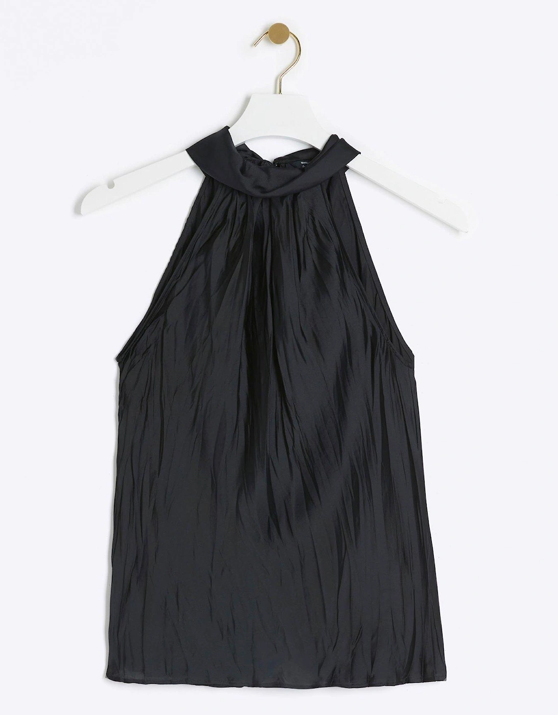 Halter Neck Crinkle Satin Top - Black
