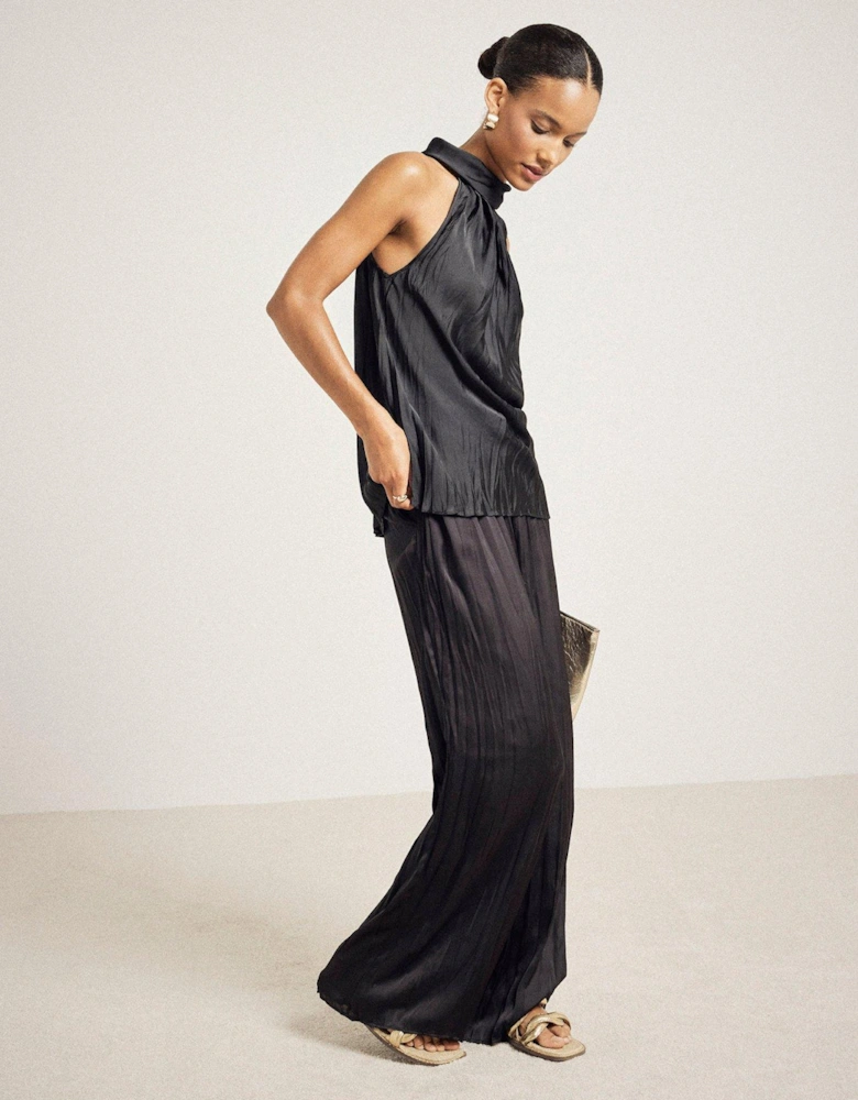Halter Neck Crinkle Satin Top - Black
