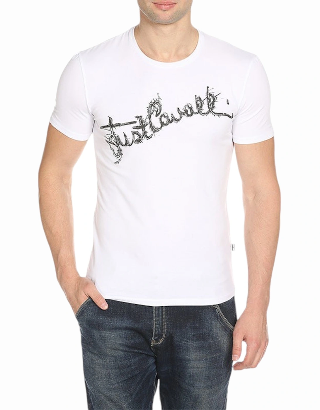 Just Cavalli Men's JUST CAVALLI S03GC0368 Mens Printed T Shirts Crew Neck Summer Cotton White Tee - White/White