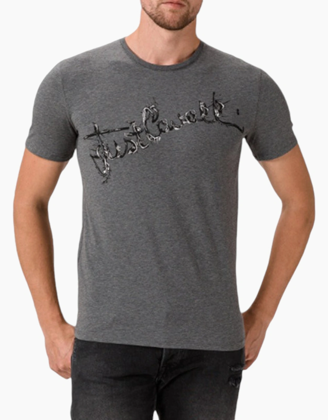 Just Cavalli Men's JUST CAVALLI S03GC0368 Mens T-Shirt Logo Print Short Sleeve Tops Cotton Grey Tee