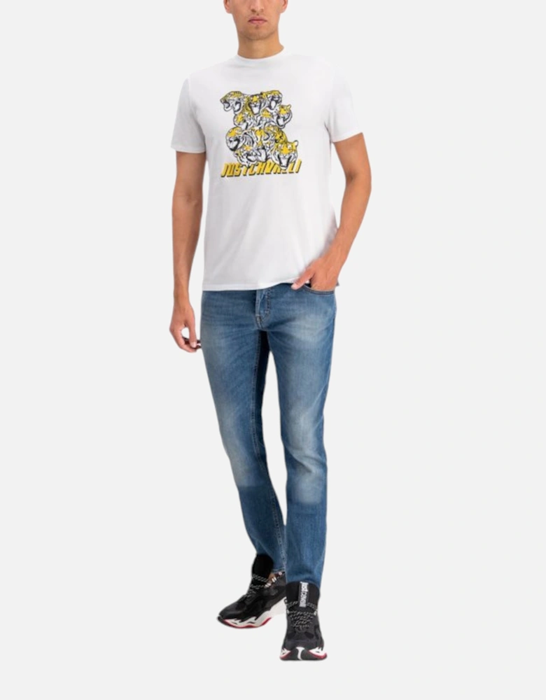 S03GC0549 Mens T-Shirt Tiger Short Sleeve Tops Cotton White Tee