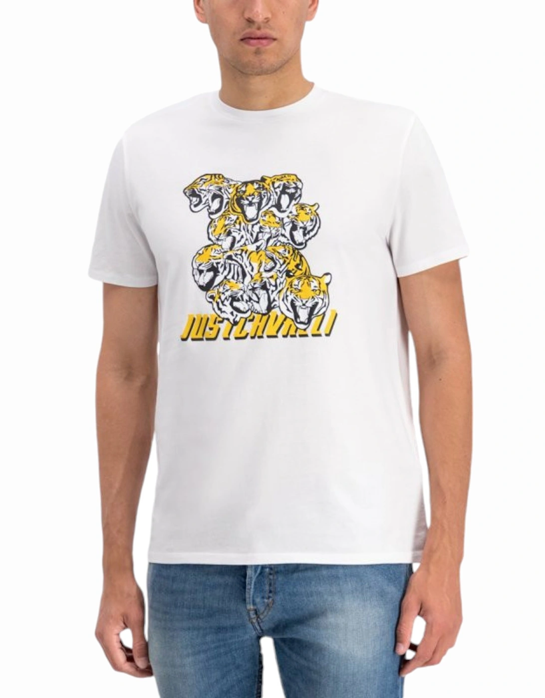 Just Cavalli Men's JUST CAVALLI S03GC0549 Mens T-Shirt Tiger Short Sleeve Tops Cotton White Tee