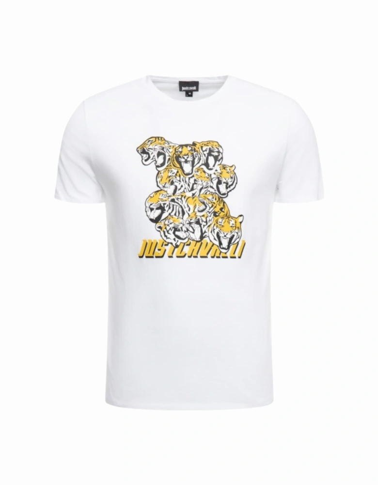 S03GC0549 Mens T-Shirt Tiger Short Sleeve Tops Cotton White Tee