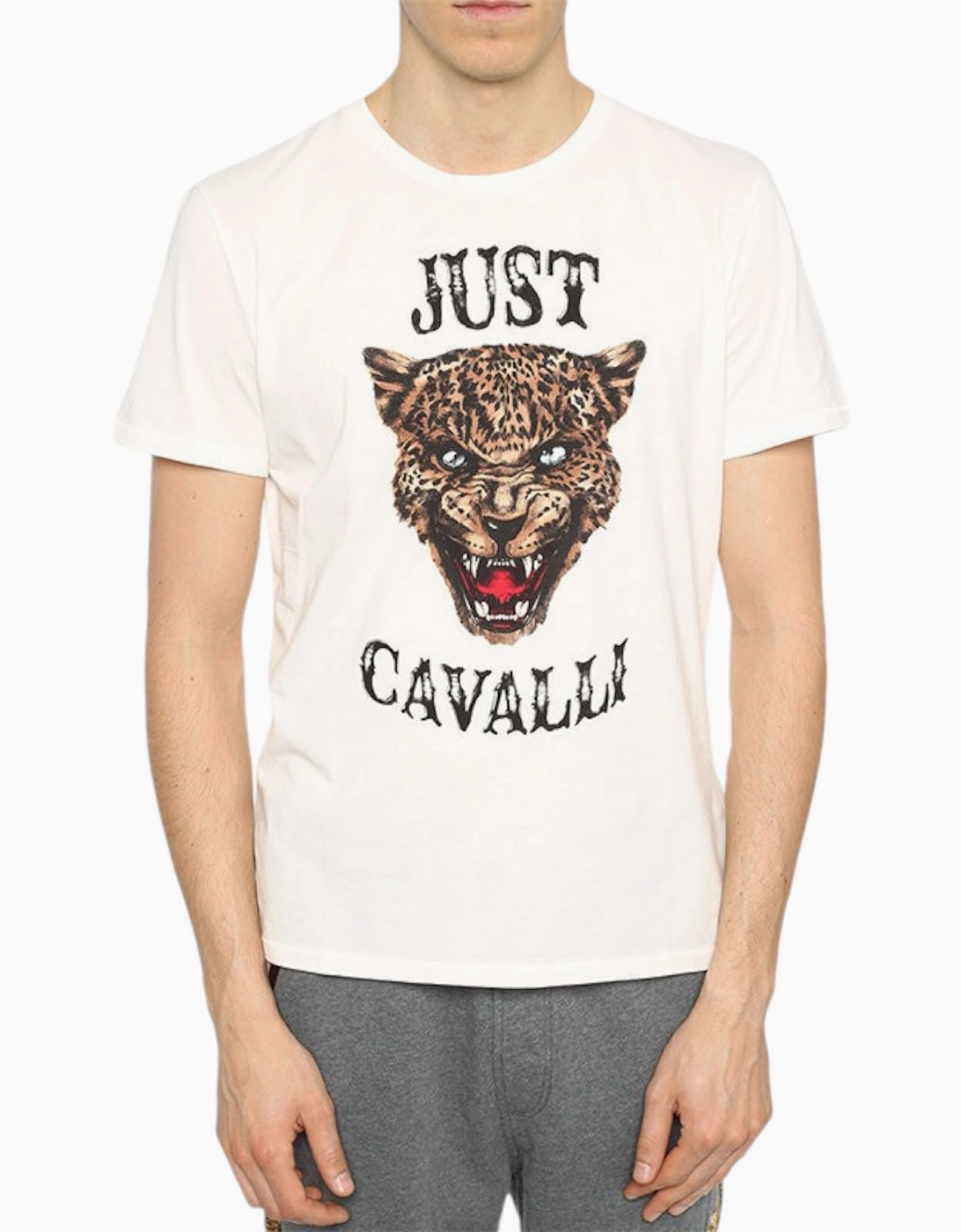 Men's JUST CAVALLI S01GC0419 Mens T-Shirt Tiger Print Short Sleeve Cotton Half White - Size: 36