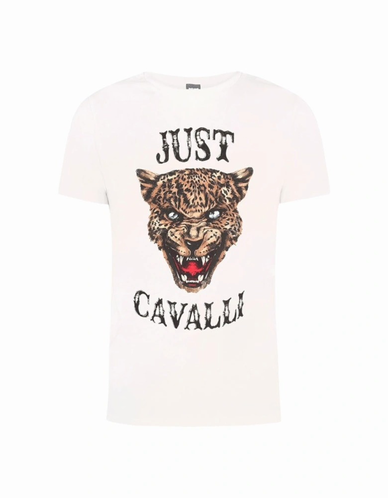 S01GC0419 Mens T-Shirt Tiger Print Short Sleeve Cotton Half White