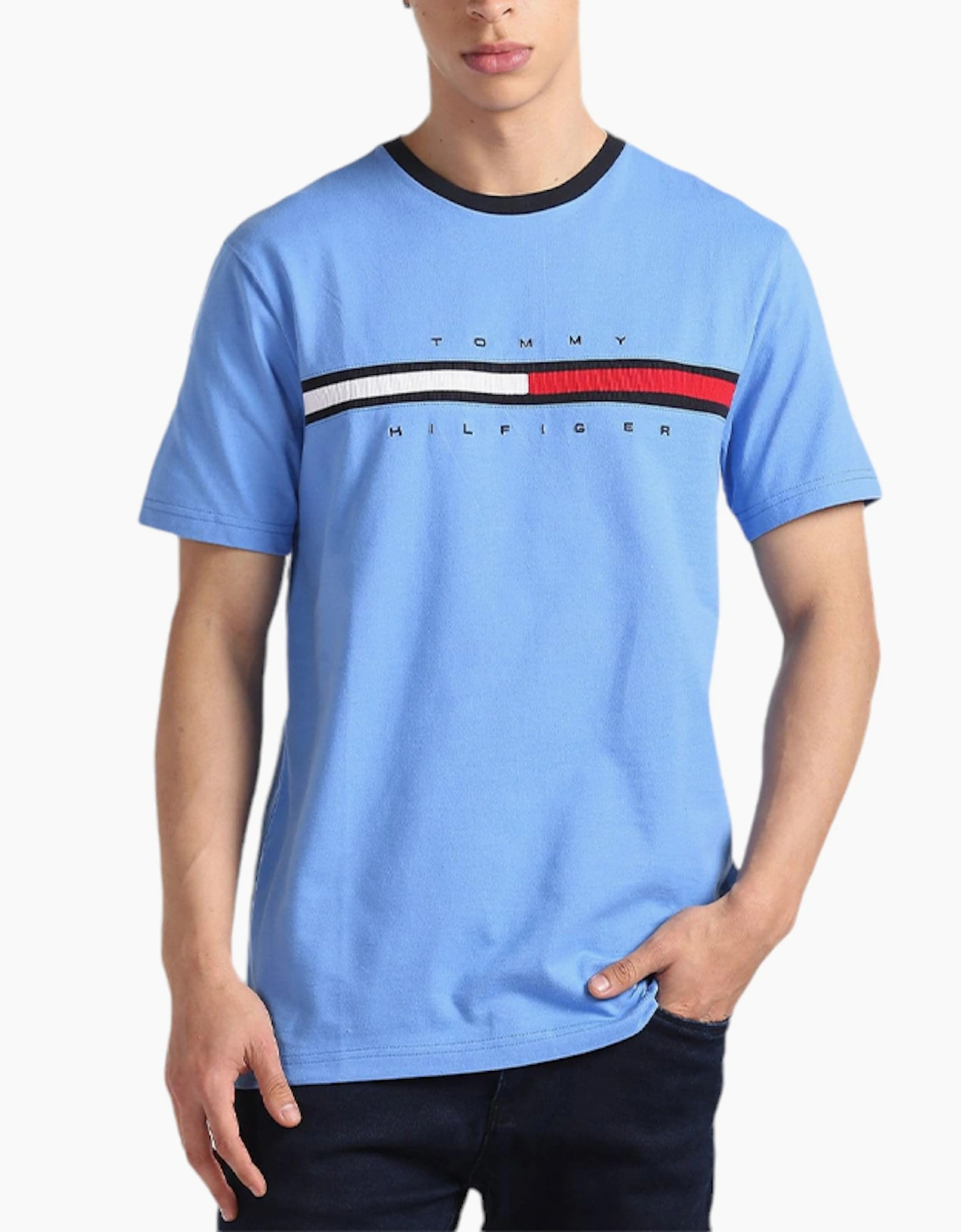 Tommy Hilfiger Men's Blue T Shirts Crew Neck Signature Stripe Summer Cotton Tino Tee  42 Xl