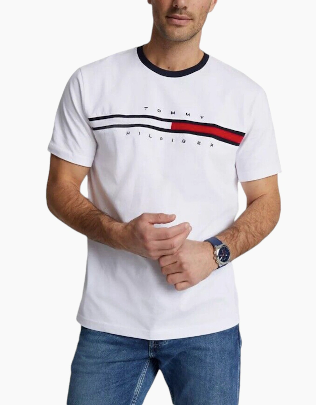 Tommy Hilfiger Men's White T Shirts Crew Neck Signature Stripe Summer Cotton Tino Tee  42 Xl