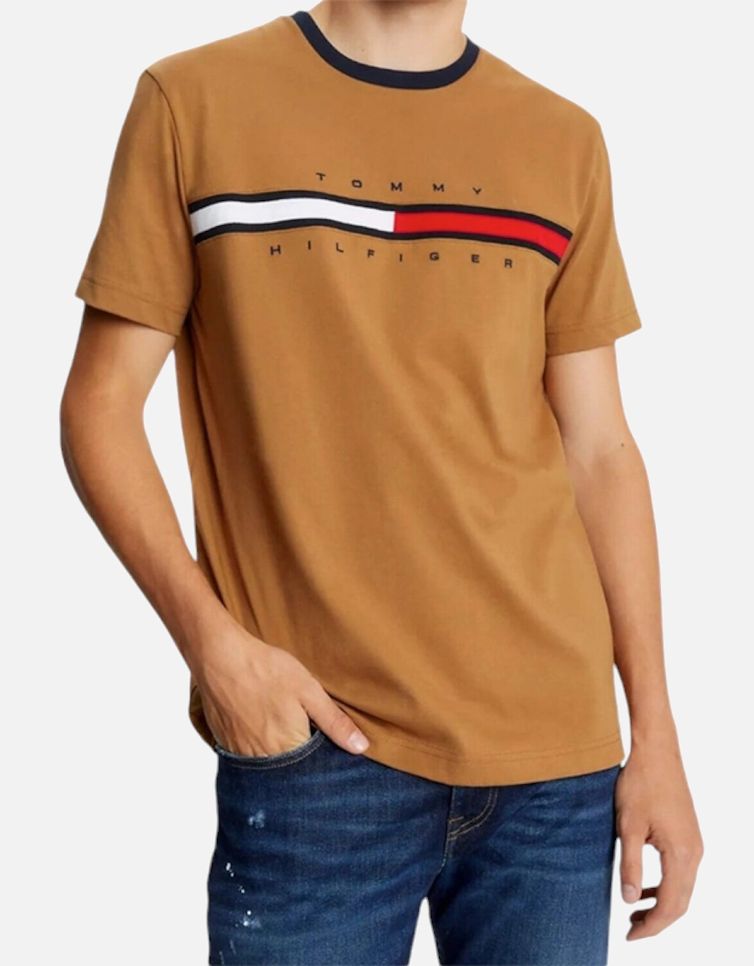 Tommy Hilfiger Men's Brown T Shirts Crew Neck Signature Stripe Summer Cotton Tino Tee  38 M