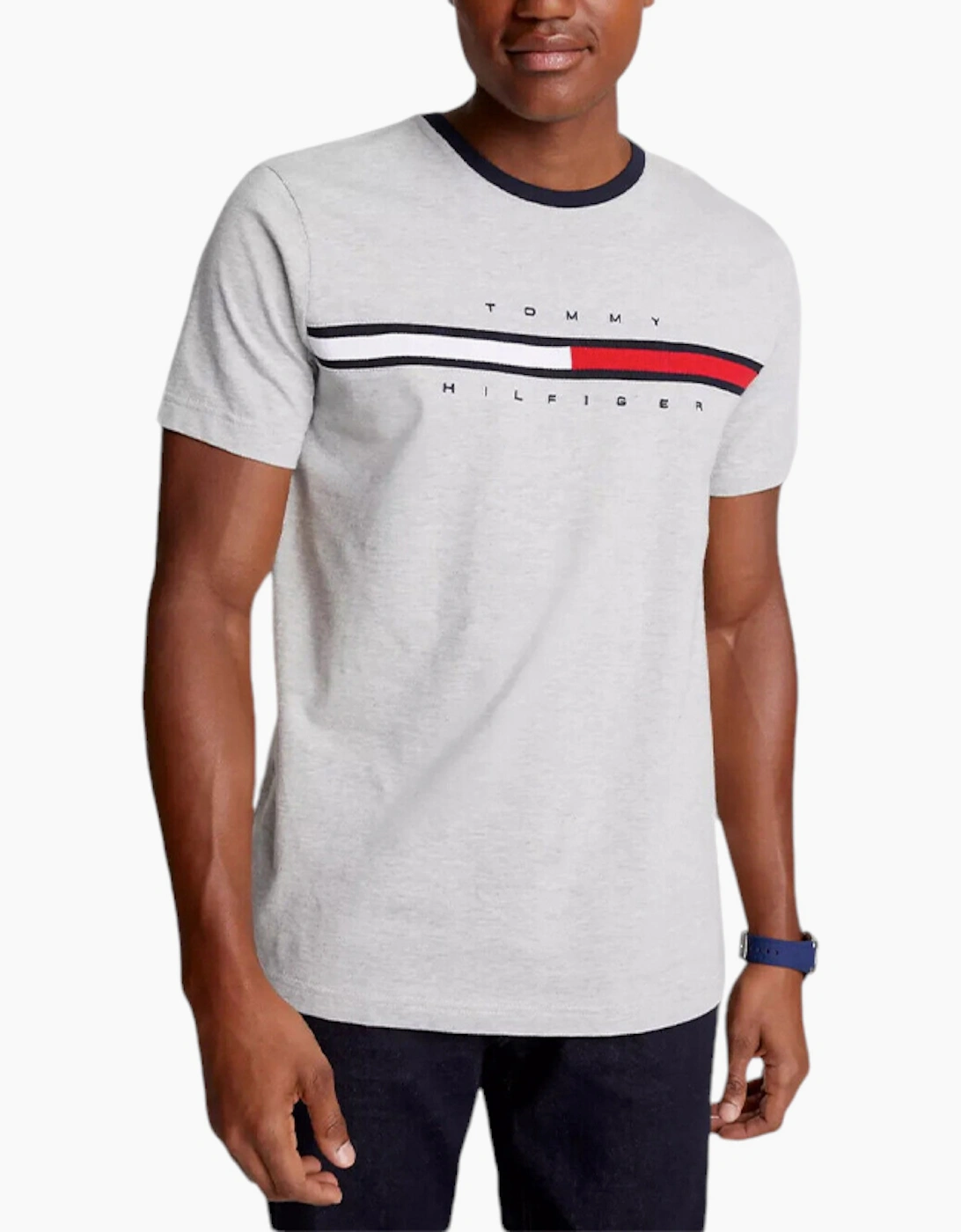 Tommy Hilfiger Men's Grey T Shirts Crew Neck Signature Stripe Summer Cotton Tino Tee  42 Xl