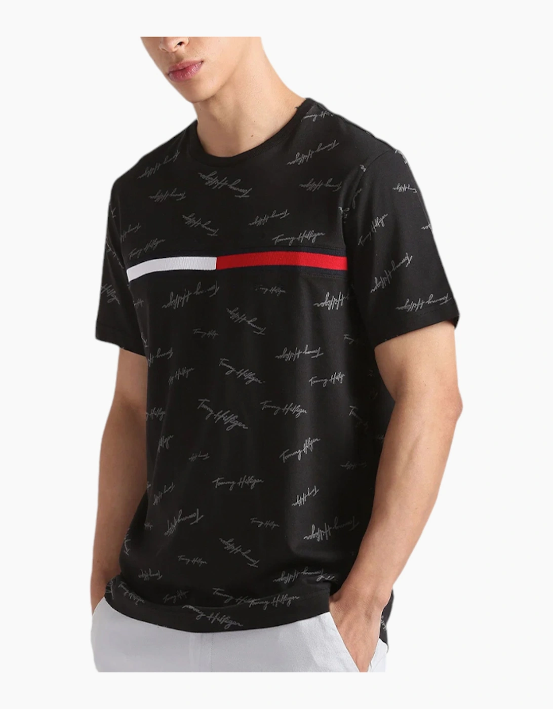Tommy Hilfiger Men's Black T Shirt Signature Flag Striped Crew Neck Summer Cotton Tee  38 M