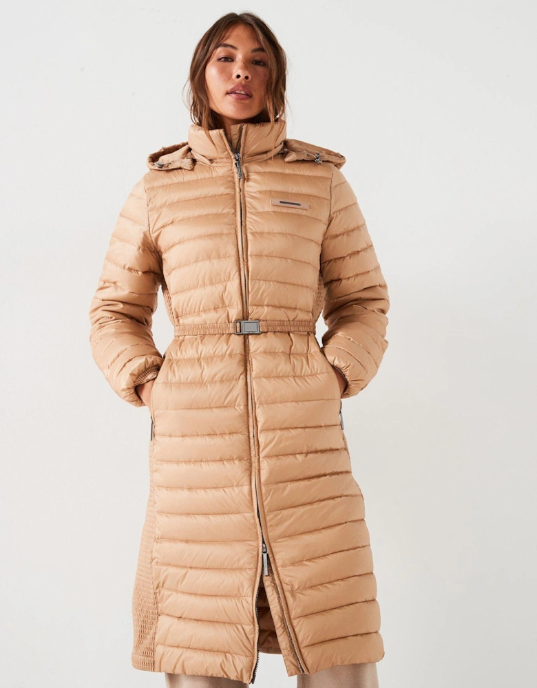 Lightweight Padded Belted Longline Coat - Beige