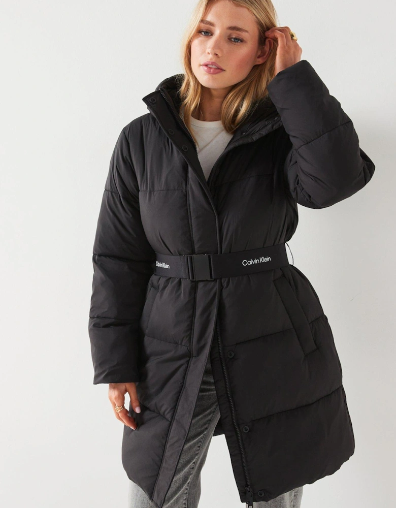 Belted Logo Longline Padded Jacket - Black