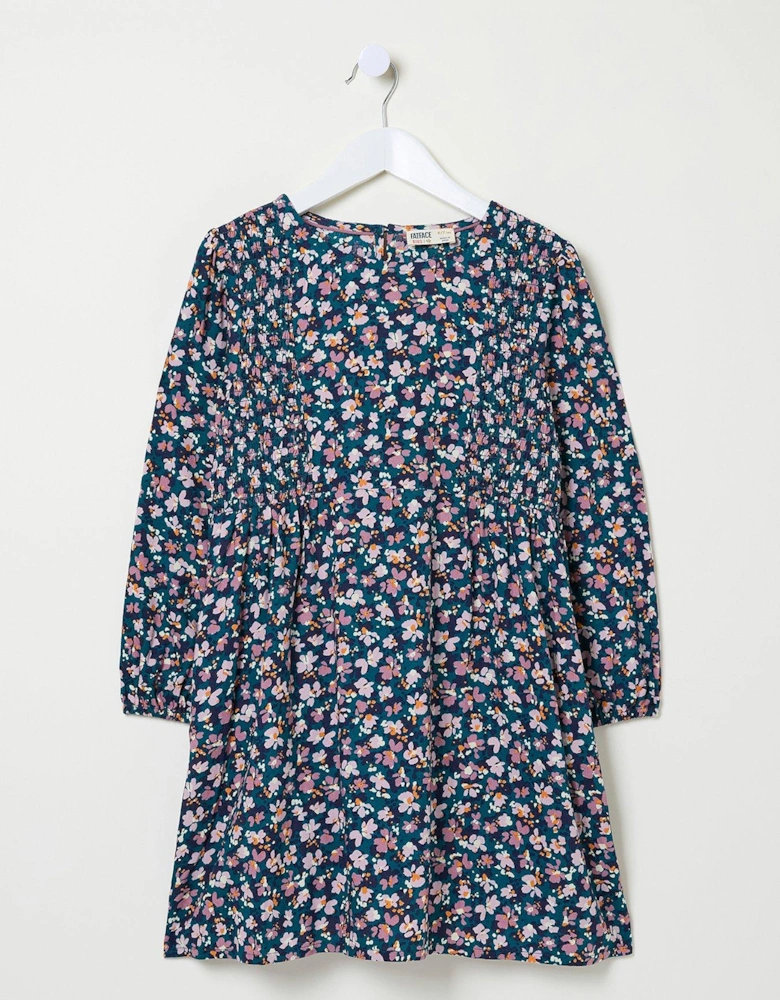 Girls Rhea Floral Printed Dress - Dark Teal Blue