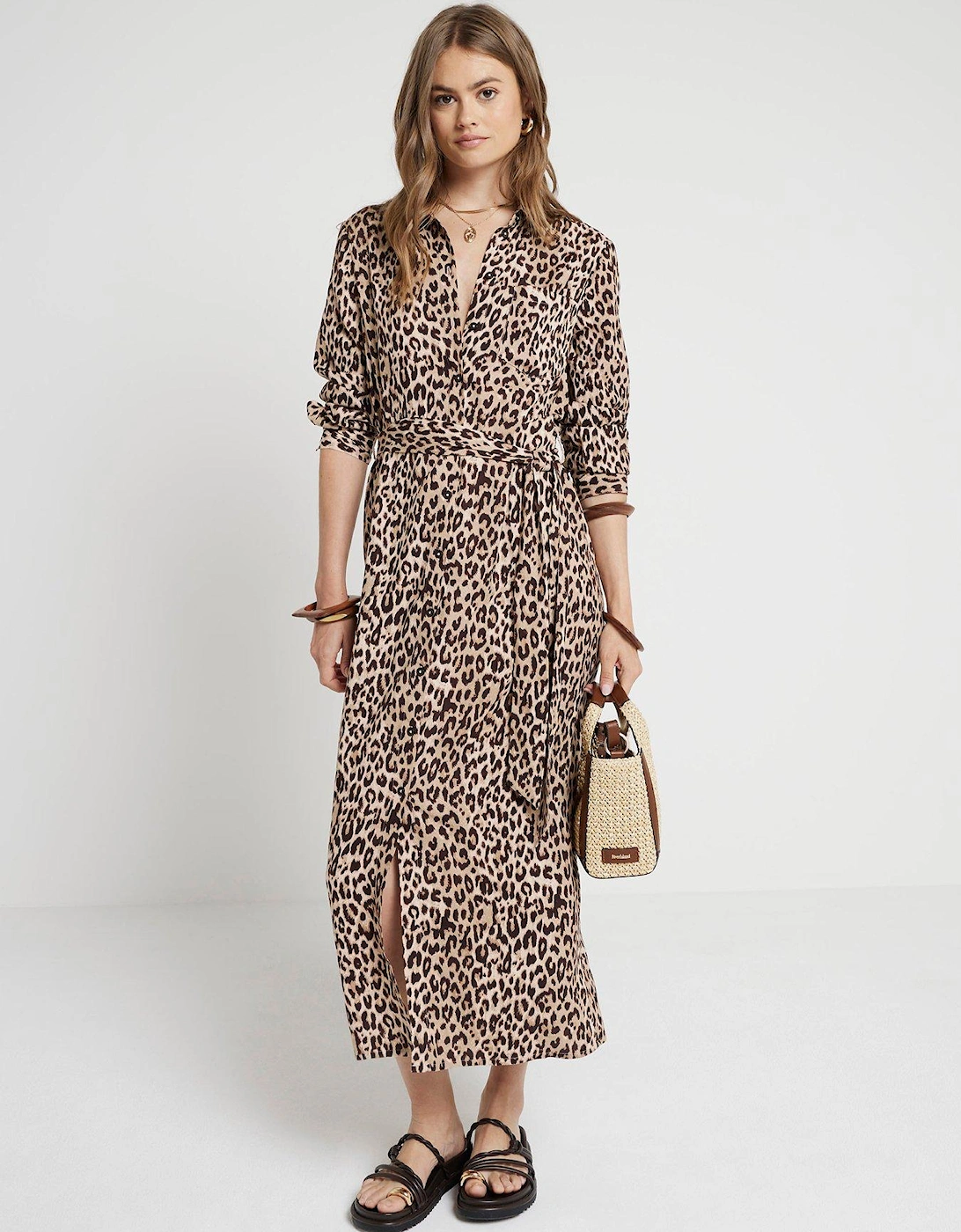 Animal Print Midi Dress - Light Beige