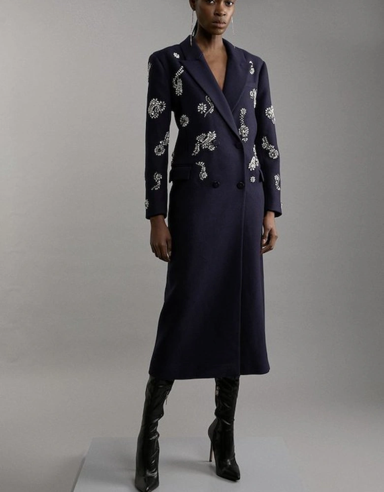 Tailored Wool Blend Embellished Maxi Coat