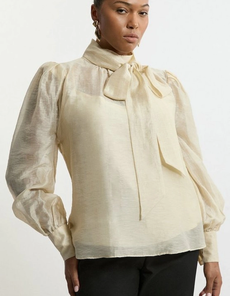 Plus Size Linen Blend Organdie Woven Pussybow Blouse