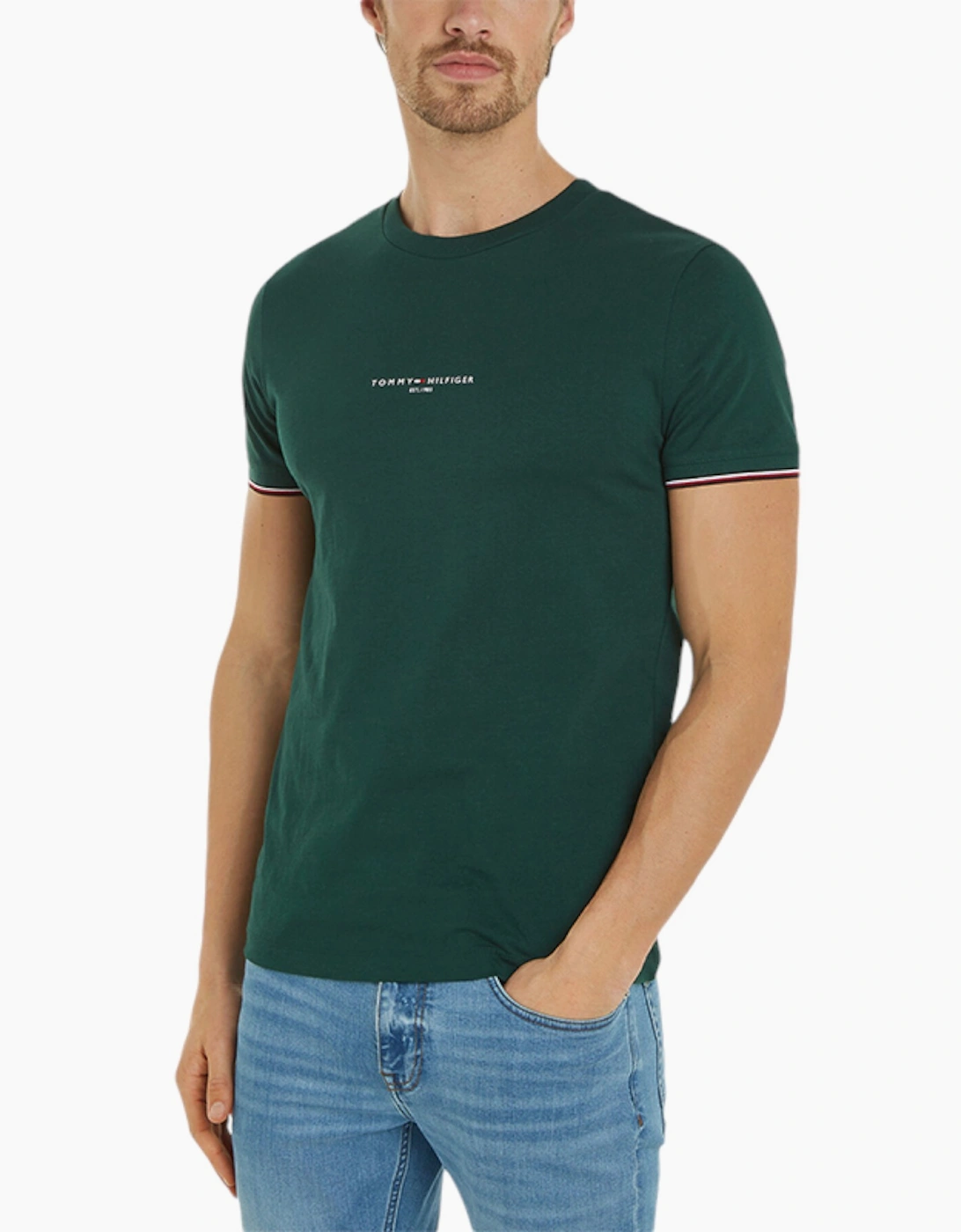 Tommy Hilfiger Men's Green 32584 T Shirts Tipped Logo Slim Fit Crew Neck Cotton Tee New  38 M