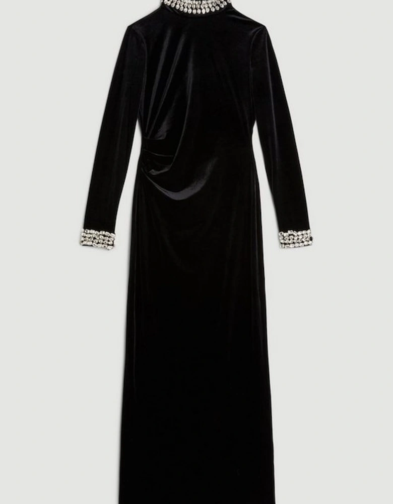 Stretch Velvet Crystal Embellished Long Sleeve Maxi Dress