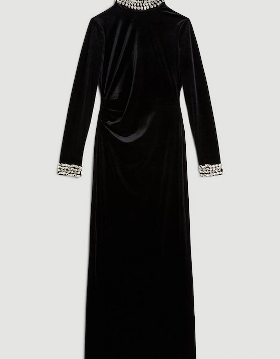 Stretch Velvet Crystal Embellished Long Sleeve Maxi Dress