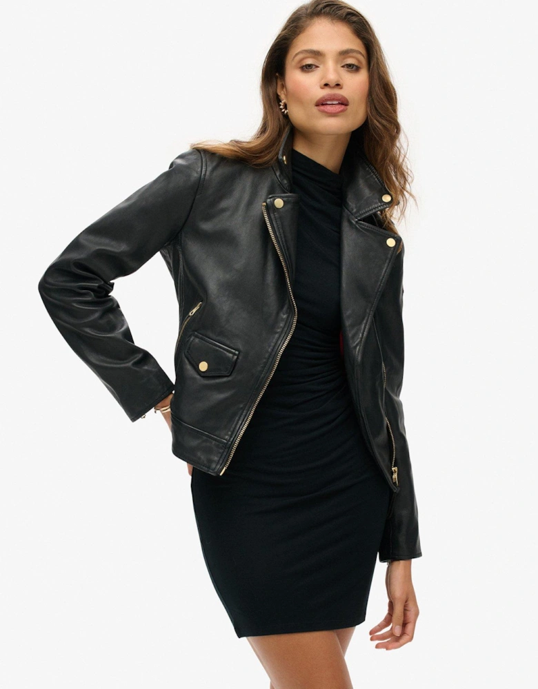 Studded Leather Biker Jacket - Black