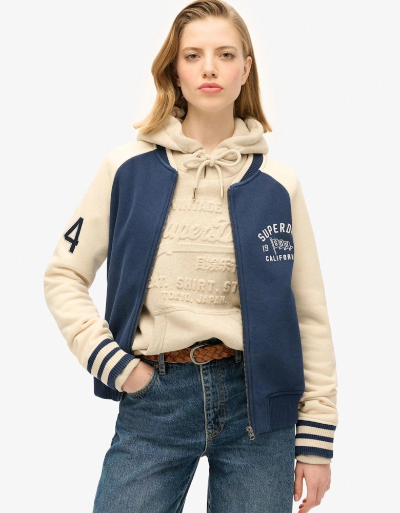 College Script Graphic Jersey Bomber Jacket - Navy