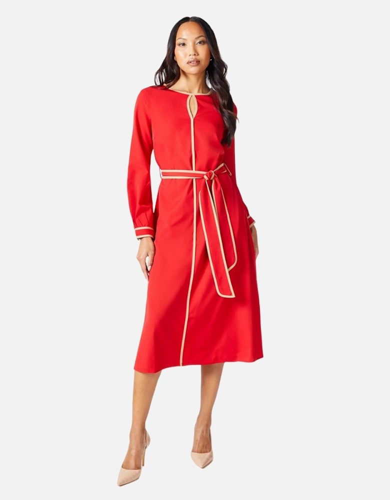 Womens/Ladies Premium Contrast Piping Belt Midi Dress