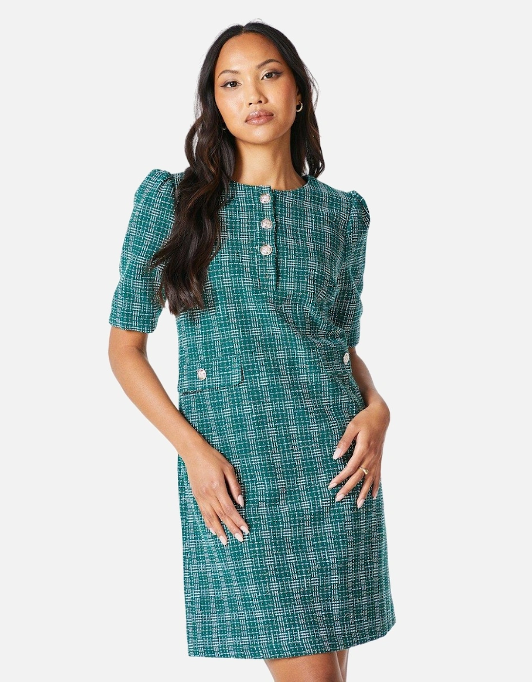 Womens/Ladies Bouclé Button Detail Shift Dress, 4 of 3