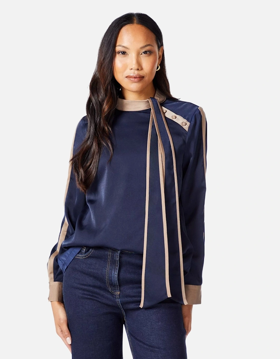 Women's Principles Womens/Ladies Contrast Detail Satin Side Tie Neck Top - Navy - Size: 12 uk