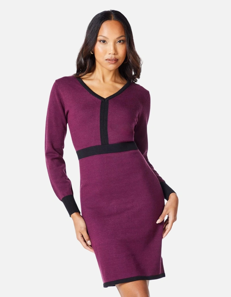 Womens/Ladies Colour Block Knitted V Neck Mini Dress