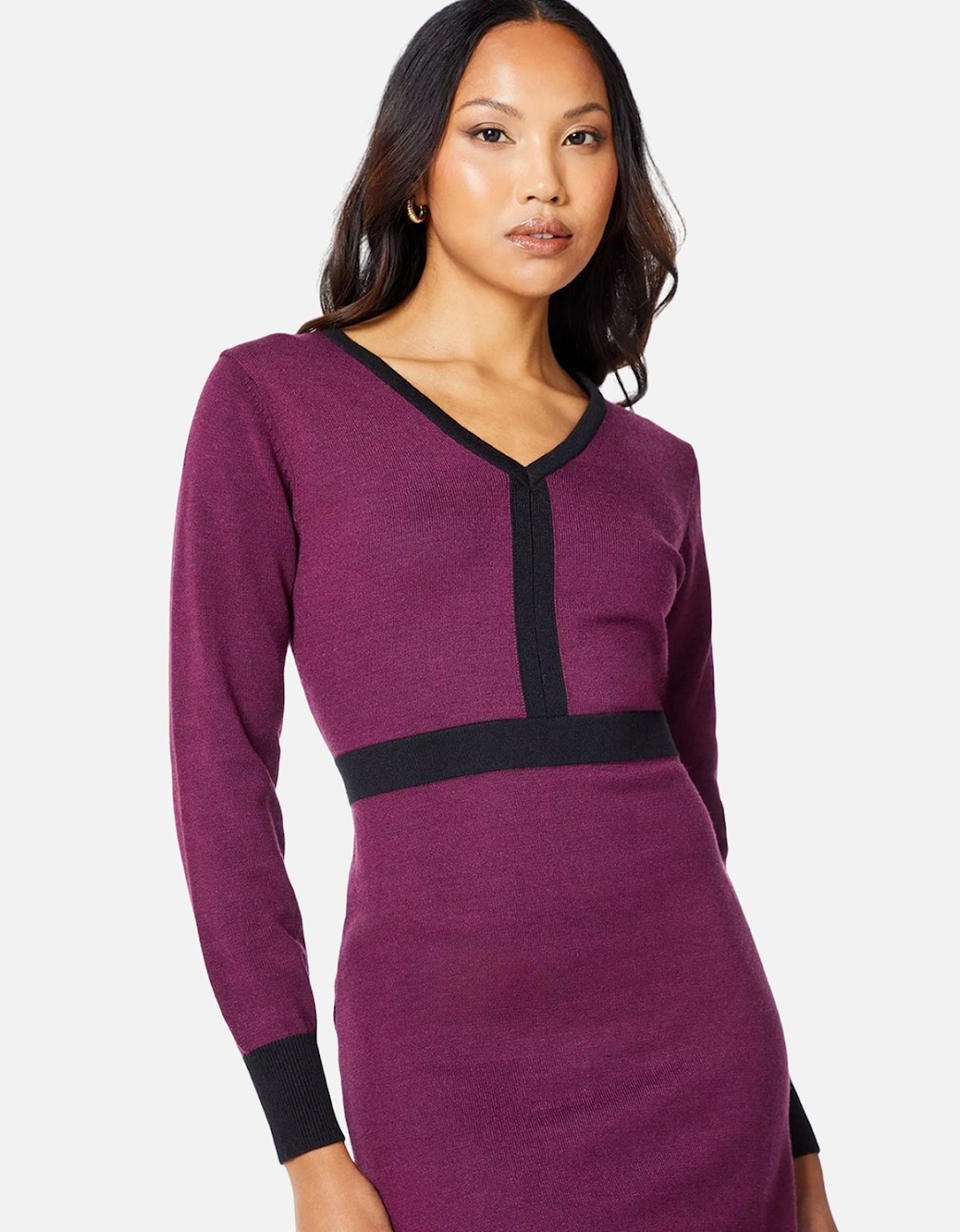 Womens/Ladies Colour Block Knitted V Neck Mini Dress